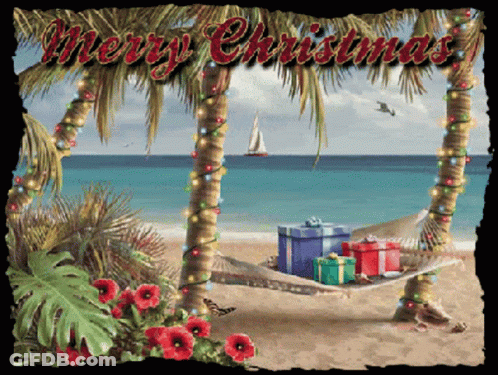 A Christmas Card With A Hammock On The Beach And The Words Merry Christmas GIF