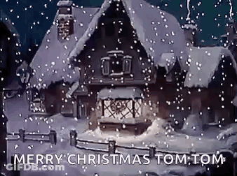 A Christmas Card With A House Covered In Snow And The Words `` Merry Christmas Tom Tom '' GIF