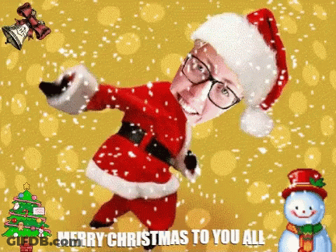 A Christmas Card With A Man Dressed As Santa Claus GIF