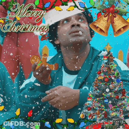 A Christmas Card With A Man Holding Gingerbread Cookies And The Words Merry Christmas GIF