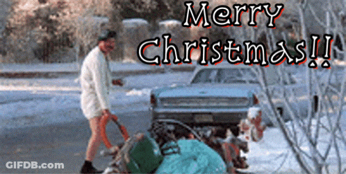 A Christmas Card With A Man Pushing A Pile Of Trash GIF