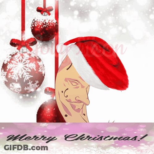 A Christmas Card With A Man Wearing A Santa Hat And The Words Merry Christmas On The Bottom GIF