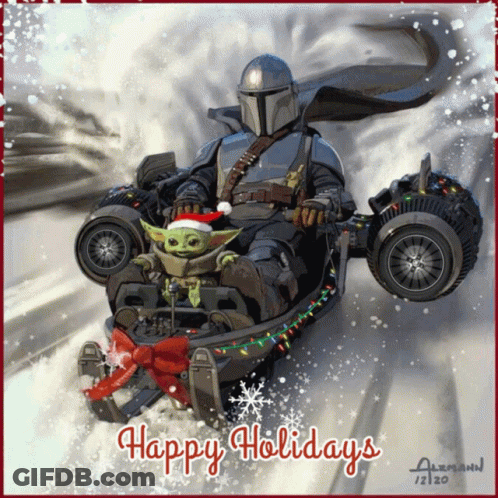 A Christmas Card With A Mandalorian And Baby Yoda On A Sled GIF