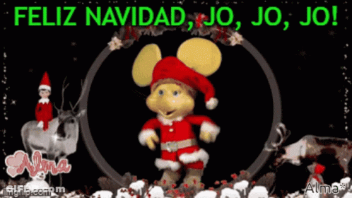 A Christmas Card With A Mouse In A Santa Suit And The Words Feliz Navidad Jo Jo Jo GIF