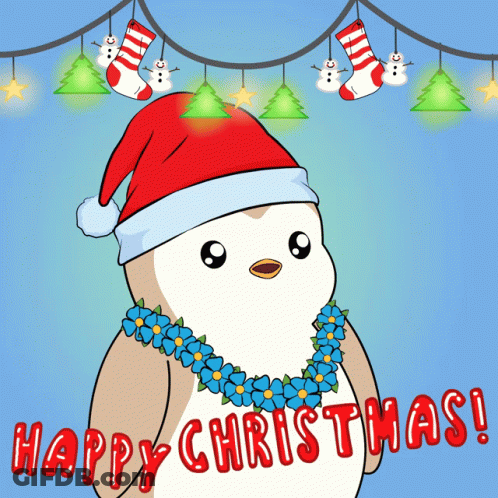 A Christmas Card With A Penguin Wearing A Santa Hat And A Blue Flower Lei GIF
