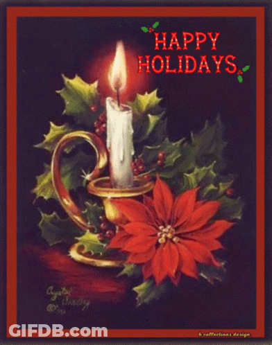 A Christmas Card With A Poinsettia And A Candle And The Words Happy Holidays GIF