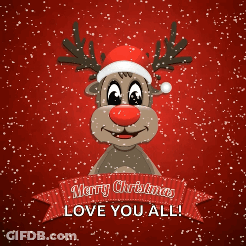 A Christmas Card With A Reindeer Wearing A Santa Hat GIF