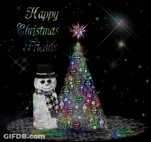 A Christmas Card With A Snowman And A Christmas Tree GIF