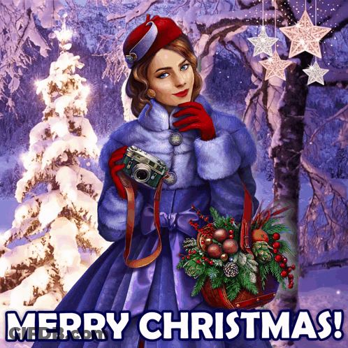 A Christmas Card With A Woman Holding A Camera And A Basket Of Flowers GIF
