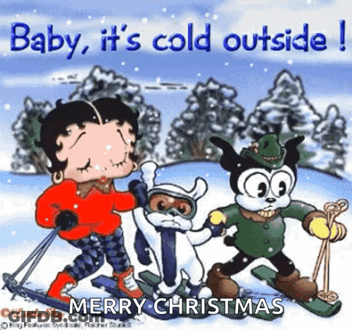 A Christmas Card With Betty Boop And Two Cartoon Characters Skiing GIF