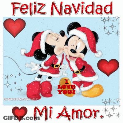 A Christmas Card With Mickey Mouse And Minnie Mouse Kissing And The Words Feliz Navidad Mi Amor GIF