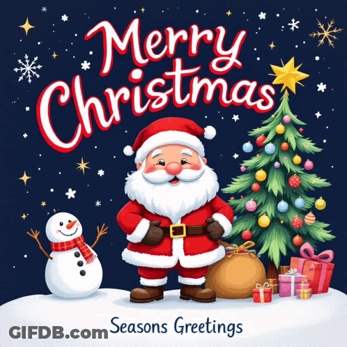 A Christmas Card With Santa Claus And A Snowman GIF