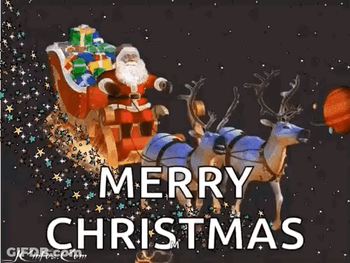 A Christmas Card With Santa Claus In A Sleigh Pulled By Reindeer And The Words Merry Christmas GIF
