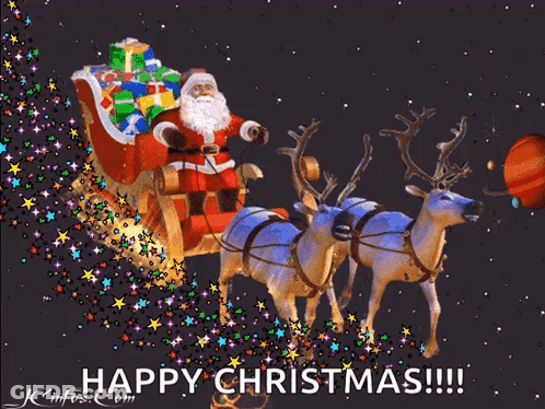 A Christmas Card With Santa In A Sleigh Pulled By Reindeer And The Words Happy Christmas GIF