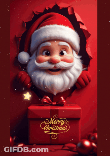 A Christmas Card With Santa Peeking Out Of A Hole And A Gift Box That Says Merry Christmas GIF