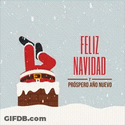 A Christmas Card With Santa Stuck In A Chimney And The Words Feliz Navidad Y Prospero Ano Nuevo GIF