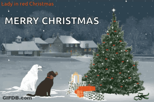 A Christmas Card With Two Dogs And A Christmas Tree GIF
