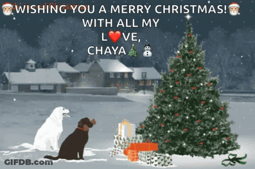 A Christmas Card With Two Dogs And A Christmas Tree GIF