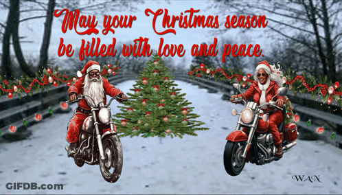 A Christmas Card With Two Santas On Motorcycles GIF