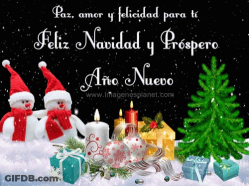 A Christmas Card With Two Snowmen Candles And Gifts GIF