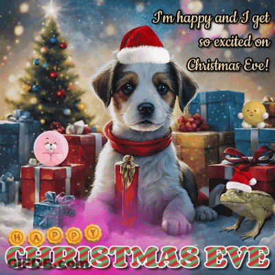 A Christmas Eve Card With A Dog Wearing A Santa Hat And Scarf GIF