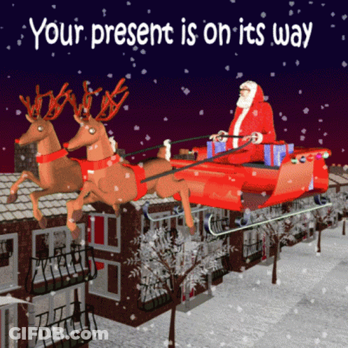 A Christmas Greeting Card Shows Santa In A Sleigh Pulled By Two Reindeer GIF