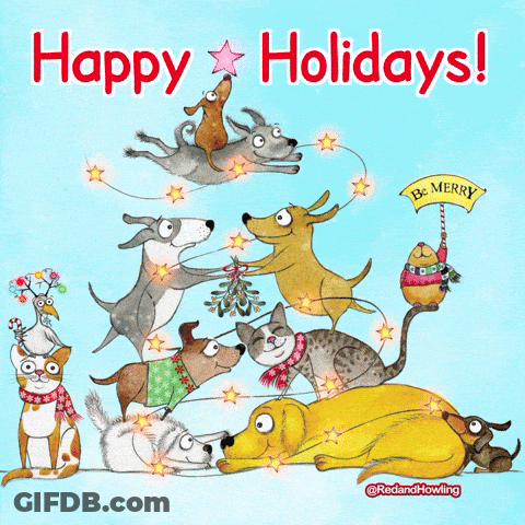A Christmas Greeting Card With Dogs And Cats And The Words Happy Holidays GIF