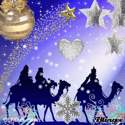 A Christmas Greeting Card With Three Wise Men Riding Camels GIF