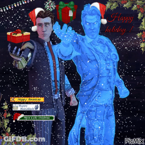 A Christmas Greeting Card With Two Men Wearing Santa Hats And Holding Presents GIF