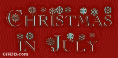 A Christmas In July Sign With Snowflakes On A Red Background GIF