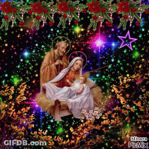 A Christmas Nativity Scene With A Star And Candy Canes GIF