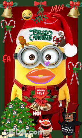 A Christmas Poster With A Minion Wearing A Santa Hat GIF