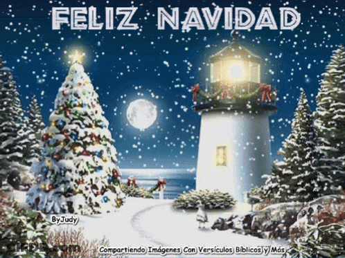 A Christmas Scene With A Lighthouse And A Christmas Tree And The Words Feliz Navidad GIF