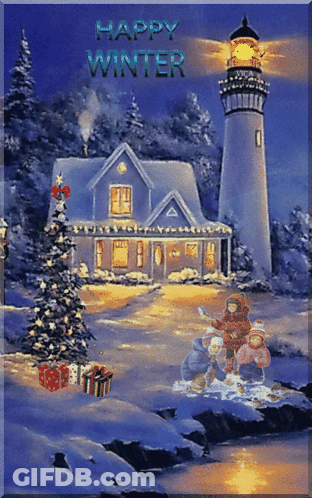 A Christmas Scene With A Lighthouse And The Words Happy Winter On The Bottom GIF