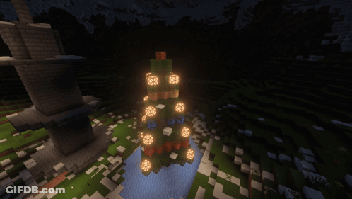 A Christmas Tree In A Minecraft World Is Lit Up GIF
