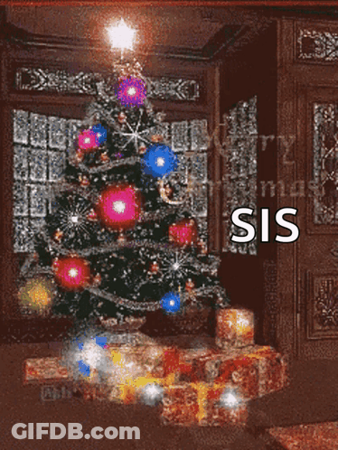 A Christmas Tree In A Room With The Word Sis Written On It GIF