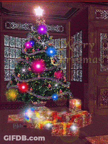 A Christmas Tree In A Room With The Words Merry Christmas Written On The Bottom GIF