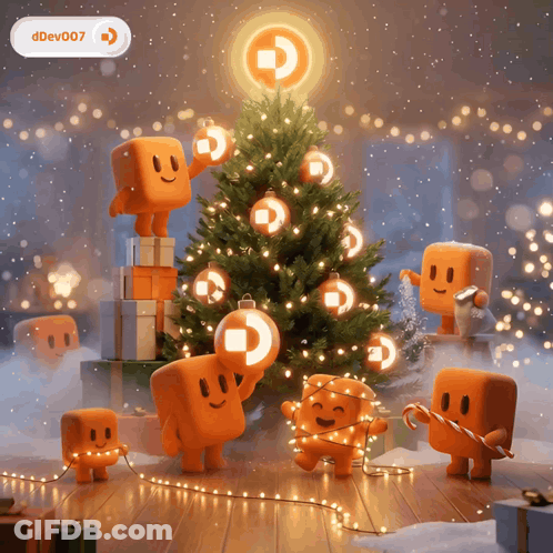 A Christmas Tree Is Decorated By A Group Of Cartoon Characters With The Letters D On Their Faces GIF