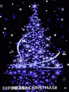 A Christmas Tree Made Of Blue Lights And Stars On A Black Background GIF