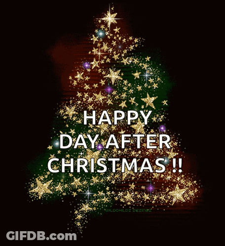 A Christmas Tree Made Of Gold Stars With The Words Happy Day After Christmas GIF