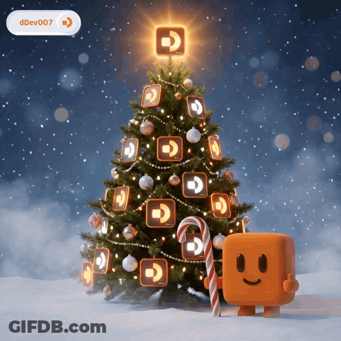 A Christmas Tree With A Candy Cane In Front Of It And A Sticker That Says Ddev007 GIF