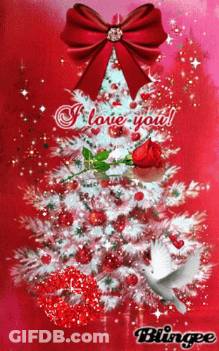 A Christmas Tree With A Red Rose And The Words I Love You On It GIF