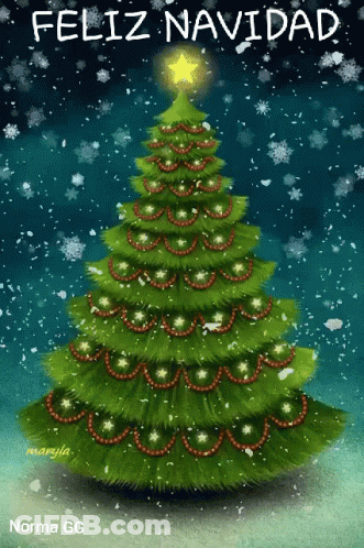 A Christmas Tree With A Star On Top Of It And The Words Feliz Navidad Below It GIF