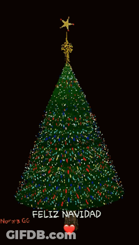 A Christmas Tree With A Star On Top Of It And The Words Feliz Navidad Below It GIF