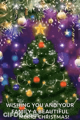A Christmas Tree With Decorations And A Star On Top Of It GIF