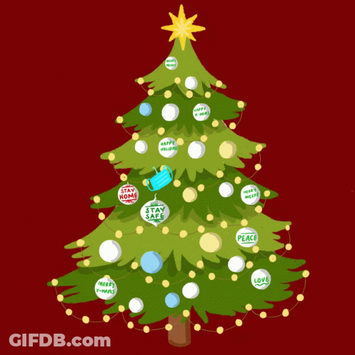 A Christmas Tree With Decorations That Say Merry Xmas And Stay Safe GIF