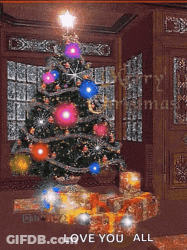 A Christmas Tree With Gifts Underneath It And The Words Love You All GIF