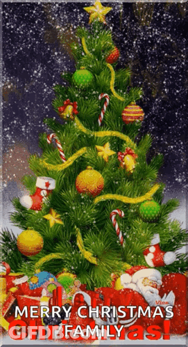 A Christmas Tree With Gifts Underneath It And The Words Merry Christmas Family GIF