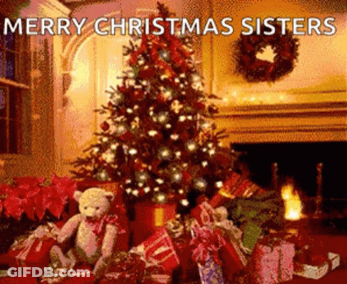 A Christmas Tree With Gifts Underneath It And The Words Merry Christmas Sisters On The Bottom GIF