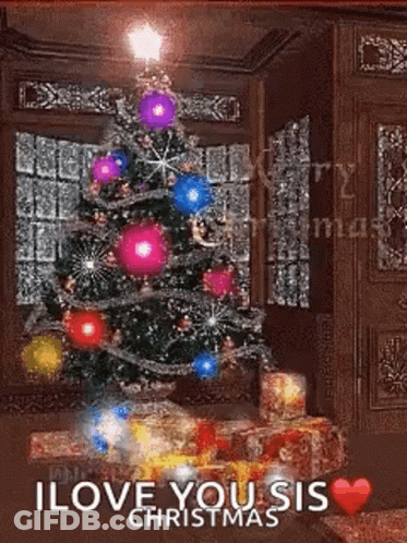 A Christmas Tree With Gifts Underneath It In A Living Room With The Words `` I Love You Sis Christmas '' . GIF